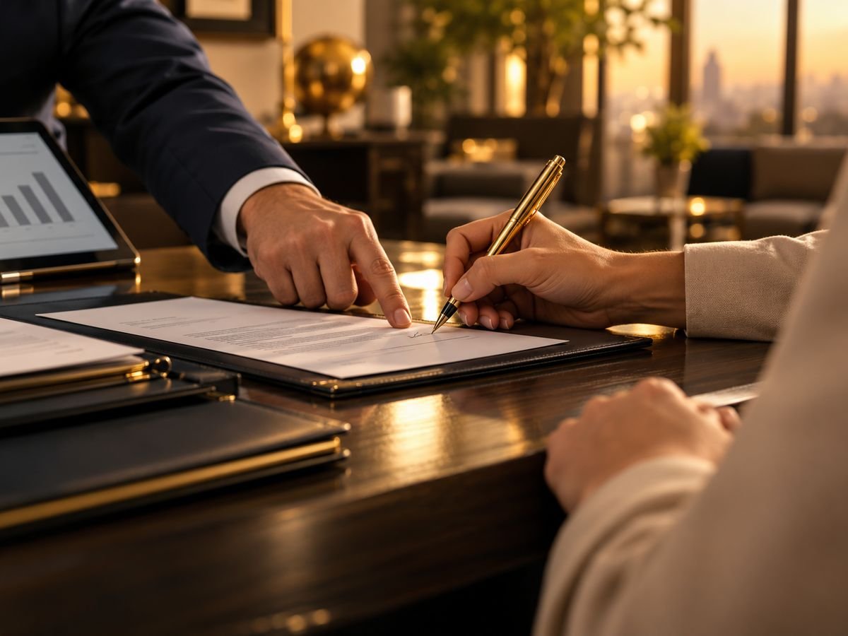 Cliente assinando a transferência da carta de crédito com o consultor