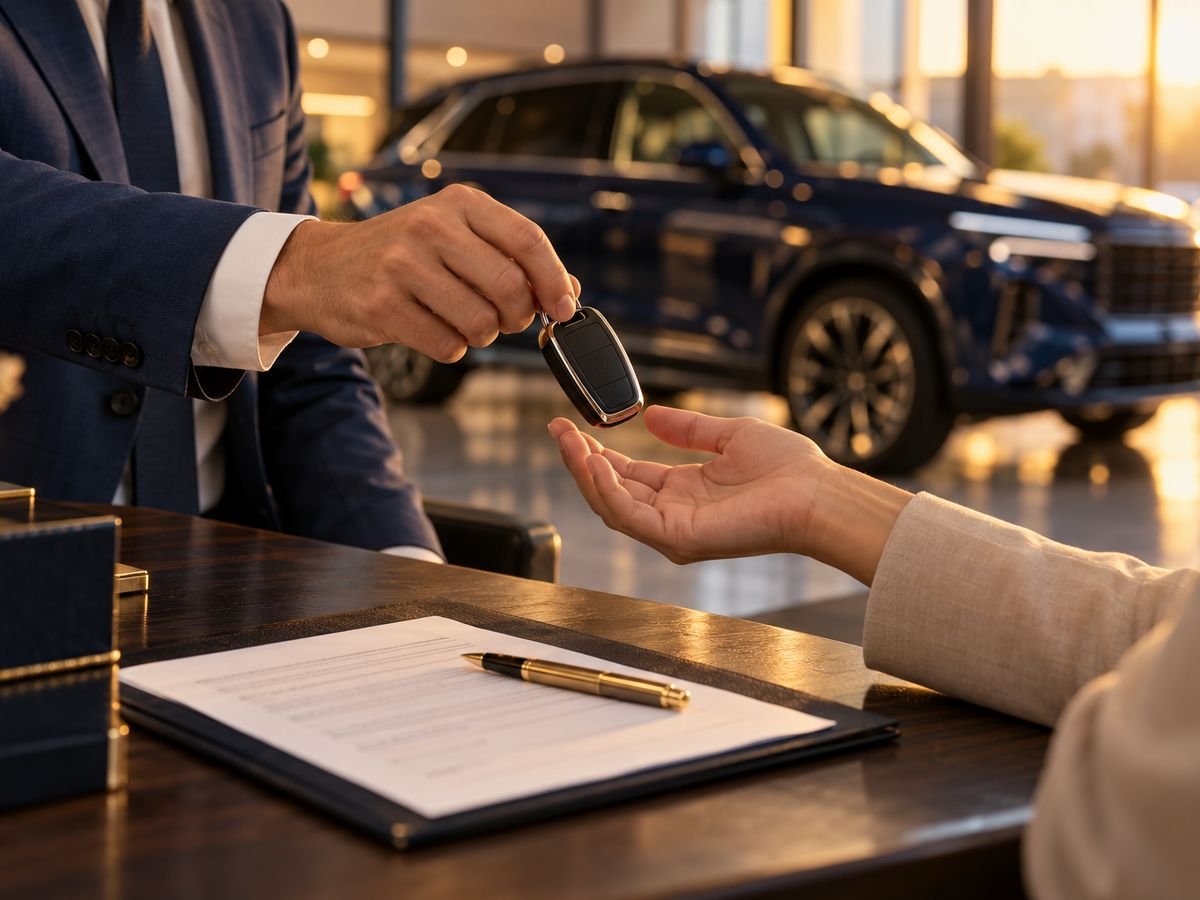 Entrega da chave de um carro novo ao cliente numa concessionária