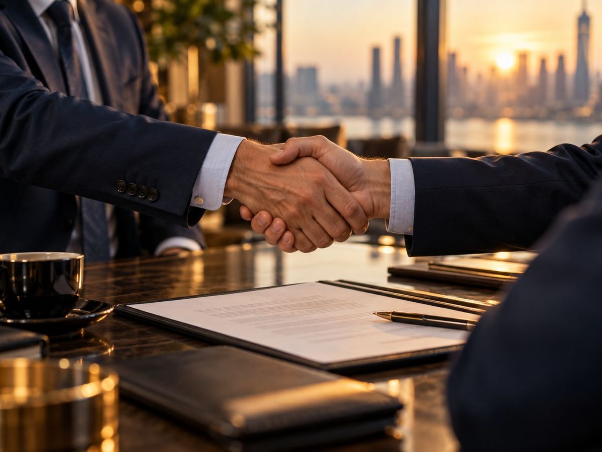 Aperto de mãos sobre contrato em escritório, simbolizando a negociação da carta